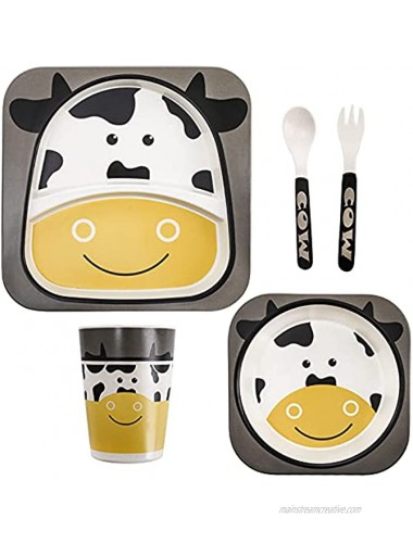 ZEAYEA Set of 5 Kids Dinnerware Set Plate Set Cartoon Tableware for Kids Healthy Mealtime Reusable Bamboo Children Dishware Set with Plate Bowl Cup Fork and Spoon BPA Free Dishwasher Safe