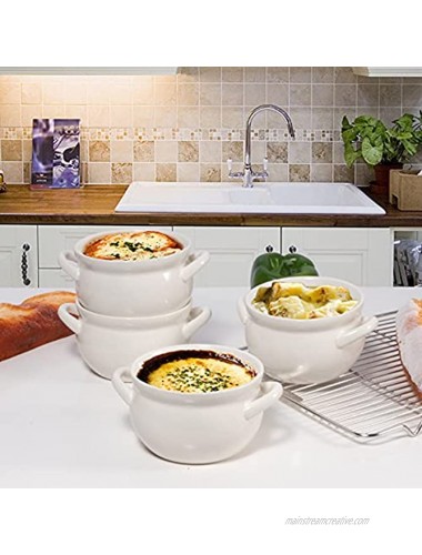 AQUIVER 17 Oz French Onion Soup Bowls Ceramic Cereal Bowl with Double Handles for Chili Tortilla Soup Oatmeal Chicken Pie Beef Stew Chowder Set of 4 Milky White
