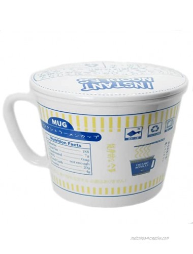 AsianGlo Ceramic Instant Noodle Ramen Soup Bowl Mug with Lid Blue 1000mL