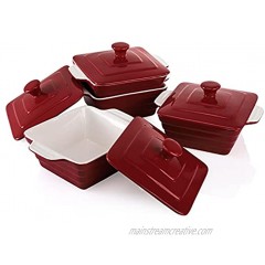 AVLA 4 Pack Ceramic Soup Bowls with Two Handles 18 Ounce Square Porcelain Crocks with Lids for French Onion Soup Cereal Oatmeal or Pasta Red