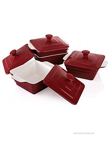AVLA 4 Pack Ceramic Soup Bowls with Two Handles 18 Ounce Square Porcelain Crocks with Lids for French Onion Soup Cereal Oatmeal or Pasta Red