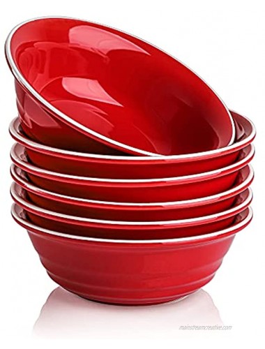 AVLA 6 Pack Ceramic Cereal Bowl 15 OZ Porcelain Wave Pattern Soup Bowls Microwave Safe Deep Bowls for Oatmeal Soup Salad and Pasta Vintage Red