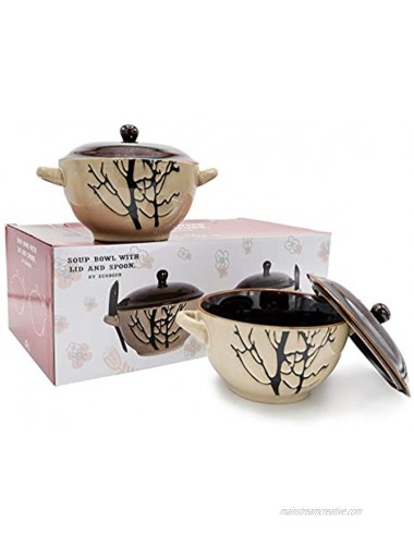 Bake & Serve Large Ceramic Soup Bowls With Handles 30 Ounce Set of 2 Oven- Microwave and Dishwasher Safe Pots with Lids