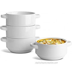 ComSaf Porcelain Soup Bowl with Double Handles 20oz Ceramic Serving Bowl Set for French Onion Soup Cereal Stew Chill Chowder Microwave Dishwasher Safe Stackable Set of 4 White
