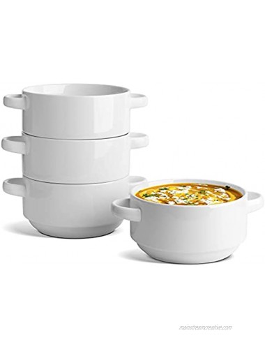 ComSaf Porcelain Soup Bowl with Double Handles 20oz Ceramic Serving Bowl Set for French Onion Soup Cereal Stew Chill Chowder Microwave Dishwasher Safe Stackable Set of 4 White