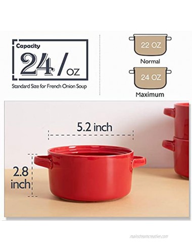 Delling Soup Bowls with Handles 24 Ounce Ceramic Crocks for French Onion Soup Cereal Chilli Porcelain Serving Soup Bowl Set of 6 Red