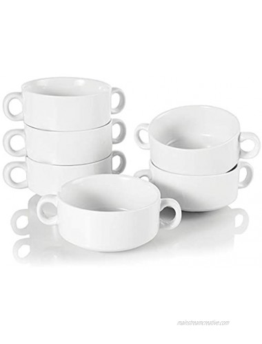 Foraineam Porcelain Bowls with Double Handles 10 Ounce White French Onion Soup Crocks Round Stackable Bowls for Soup Cereal Oatmeal Set of 6