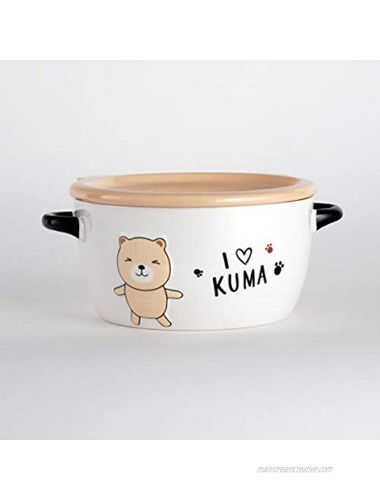 Hinomaru Collection Cute Kuma Bear 24 fl oz Microwavable Porcelain Noodle Soup Bowl with Handles and Porcelain Condiment Lid 5.75 Dia Beige