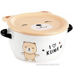 Hinomaru Collection Cute Kuma Bear 24 fl oz Microwavable Porcelain Noodle Soup Bowl with Handles and Porcelain Condiment Lid 5.75" Dia Beige