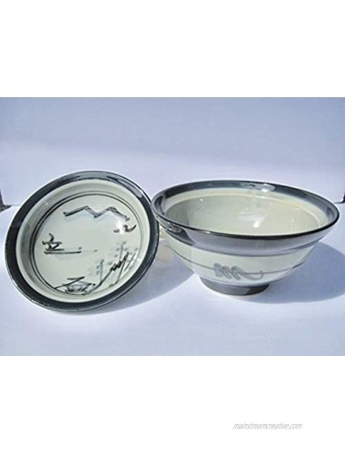 Japanese 6.1 Inches Diameter Porcelain Mashiko Sansui Donburi Ramen Noodle Soup Rice Bowl with Lid Grey M52114