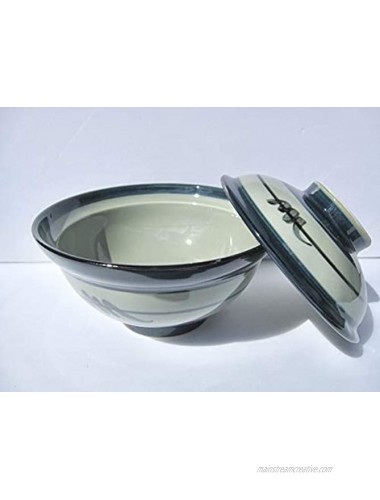 Japanese 6.1 Inches Diameter Porcelain Mashiko Sansui Donburi Ramen Noodle Soup Rice Bowl with Lid Grey M52114