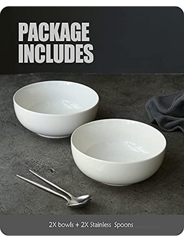 Large Soup Bowls Lareina 8 Inch 60 oz Big Ceramic Pho Bowls for Kitchen for Salad Ramen Microwavable White Set of 2