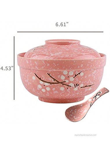 LLDAYU Japanese Creative Hand-Painted Ceramic Bowls with Soup Spoon Large 27.5 OZ ramen bowls Soup bowls ,with Heat Preservation Function and Suitable for Microwave Oven and Dishwasher- pink