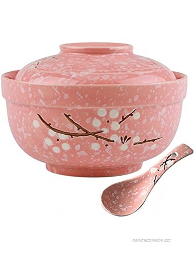 LLDAYU Japanese Creative Hand-Painted Ceramic Bowls with Soup Spoon Large 27.5 OZ ramen bowls Soup bowls ,with Heat Preservation Function and Suitable for Microwave Oven and Dishwasher- pink