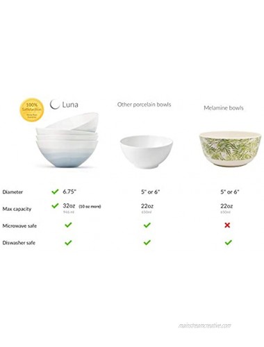 Luna 4PC 6.75 32 ounces Calm Blue Porcelain Bowls | Microwave safe bowls l Cereal bowls | Pasta bowl | Large soup bowl | ceramic bowl | Kitchen bowls | Noodle bowls| Big bowl | Serving bowls