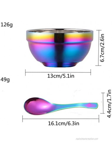 Rainbow Bowl Set with 4x Soup Bowls and 4x Soup Spoons JYJFGSFA 304 Stainless Steel Double-Walled Cereal Bowls for Breakfast Drop Resistance Children Bowls