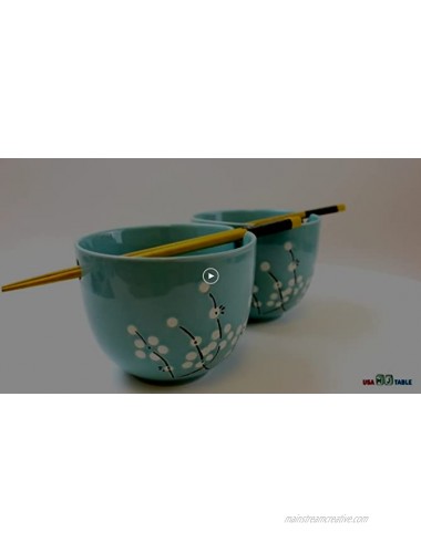 Set of 2 Japanese Porcelain Ceramic Bowls w Chopsticks for Ramen Soup Noodle Porridge Menudo Ramen Udon Pasta Cereal Ice cream Pho Rice Instant Noodle White Flowers