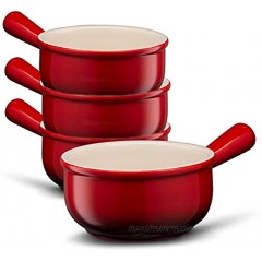 Soup Bowls French Onion Crocks by Kook Oven Safe Easy to Grip Handles Durable Ceramic For Chili and Stew 18 Ounce Set of 4 Cherry Red