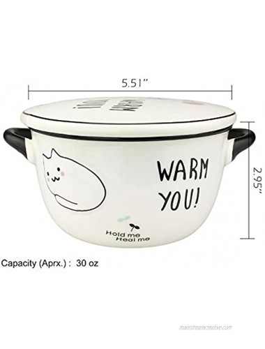 VanEnjoy Big Capacity 24oz 3D Cute Cartoon Microwave Ceramic Soup Cat Bowl Instant Noodle Bowl Cereal Bowl for Salad Fruit Vegetable with Ceramic Kitty Cat Lid and Handles White A