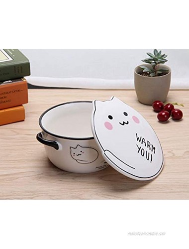 VanEnjoy Big Capacity 24oz 3D Cute Cartoon Microwave Ceramic Soup Cat Bowl Instant Noodle Bowl Cereal Bowl for Salad Fruit Vegetable with Ceramic Kitty Cat Lid and Handles White A