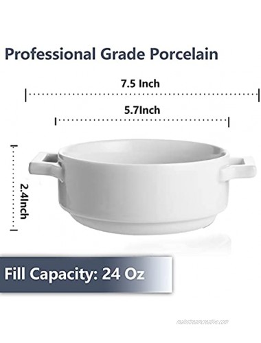 Vicrays Ceramic Soup Bowls with Handles 24 Oz Porcelain Soup Crocks for French Onion Soup Cereal Beef Stew Chill Pasta Pot Pies Microwave and Oven Safe Set of 4 White