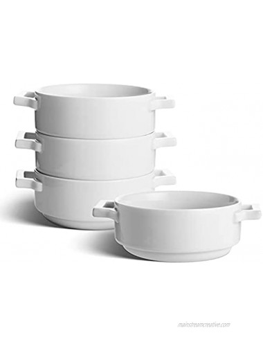 Vicrays Ceramic Soup Bowls with Handles 24 Oz Porcelain Soup Crocks for French Onion Soup Cereal Beef Stew Chill Pasta Pot Pies Microwave and Oven Safe Set of 4 White