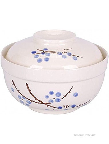 WHJY Japanese Creative Hand-painted Ceramic Tableware with Lid for Soup and Noodles with Heat Preservation Function Integrated Bowl and Lid Blue Plum