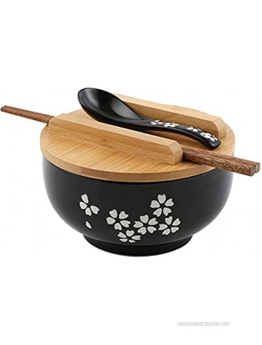 Yeking Japanese Vintage Noodle Bowl with Lid Spoon Black Ceramic Ramen Bowl Hand Drawn Rice Bowl Retro Tableware Noodle Bowl 6.5 inch B