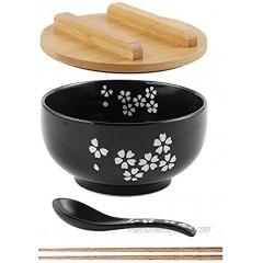 Yeking Japanese Vintage Noodle Bowl with Lid Spoon Black Ceramic Ramen Bowl Hand Drawn Rice Bowl Retro Tableware Noodle Bowl 6.5 inch B