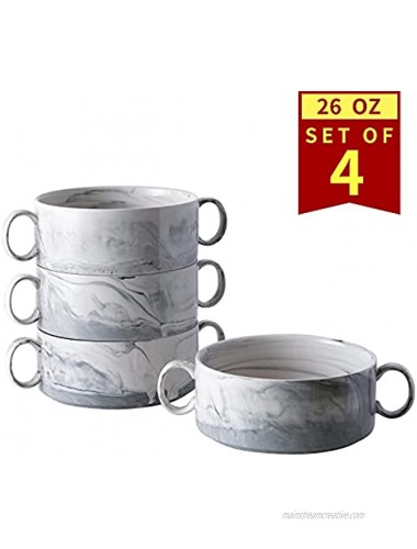 Yundu 26 Ounces Grey Marble Porcelain Bowls with Handles French Onion Soup Bowls Microwave and Oven Safe Bowls Stackable Handled Bowls Set of 4