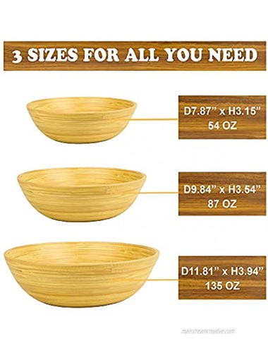 Bamboo Large Salad Bowls Serving Bowl Sizes 54-87-114 OZ Small to Big Respectively for Serving Salad Pasta Fruit Chip Nut Cereal Bamboo Dinnerware Sets for Eating Decor Kid Glossy Mettalic Champagne