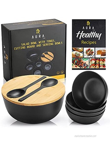 Bamboo Salad Bowl with 4 Servers Set Bamboo Fiber Bowl with Lid 9.8 inches Large Wooden Mixing Bowl with Spoon and Fork for Salads Vegetables Fruits Black