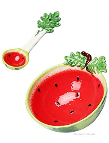 Cabilock Ceramic Appetizer Plate Watermelon Shape Bowl with Spoon Dessert Salad Pasta Bowls Food Serving Tray for Fruit Cheese Dessert Snack 300ml