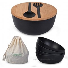 ECOWAY Bamboo Fiber Salad Set with Lid,9.8 inches Large Salad Bowl with 4 Small Bowls and Servers Mixing Bowls for Kitchen Eating Salad Soup Pasta and Fruit.