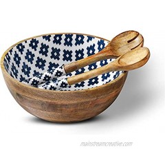 Folkulture Salad Bowl or Wooden Bowls with Serving Tongs Large Salad Bowls for Fruits Cereal or Pasta Large Mixing Bowl Set 12 Diameter x 5 Height Mango Wood Blue