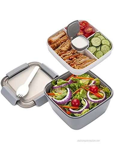 Freshmage Salad Lunch Container To Go 52-oz Salad Bowls with 3 Compartments Salad Dressings Container for Salad Toppings Snacks Men Women Grey
