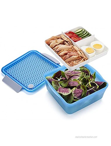 Freshmage Upgraded Salad Container for Lunch 60-oz Large Leakproof Salad Bowl with 3-Compartments Bento TrayBlue
