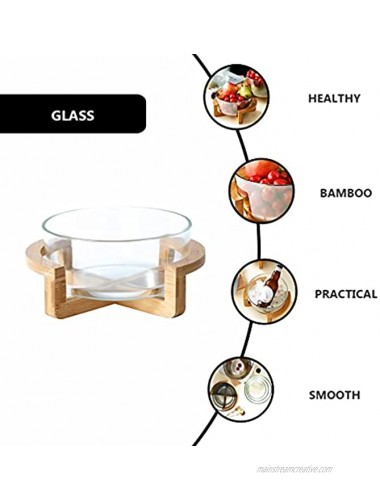 HEMOTON Glass Salad Serving Bowl with Wood Stand Base 2500ml Fruit Dessert Bowl Clear Ice Bucket Fruit Vegetable Dish Container for Kitchen Microwave Oven