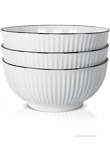 JDZTC Ceramic Salad Bowls 60 oz Large Ramen Soup Bowl for Noodle ste of 3 Embossed Vertical Stripes Serving Bowls for Pasta and Fruit for Kitchen Round white