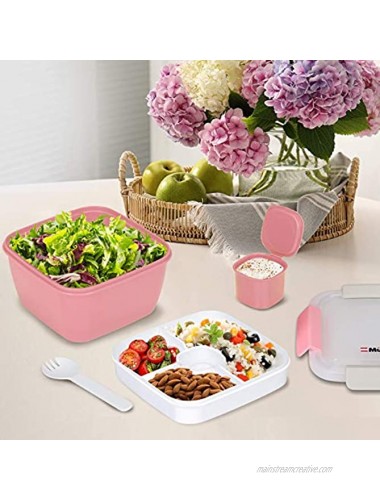 Mueller Salad Lunch Container To Go Large 51-oz Salad Bowl 3 Part Divided Tray with Dressing Container and Reusable Spork Smart Locking Leakproof Salad Holder Pink