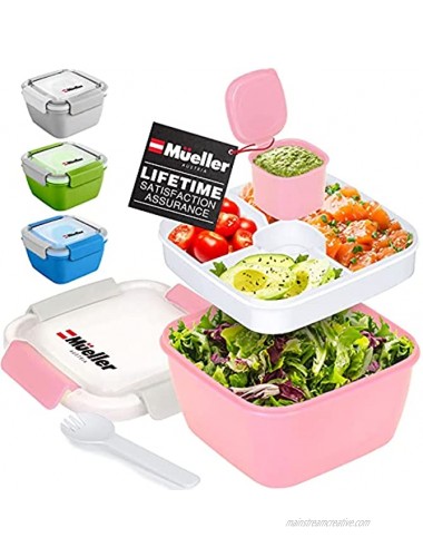 Mueller Salad Lunch Container To Go Large 51-oz Salad Bowl 3 Part Divided Tray with Dressing Container and Reusable Spork Smart Locking Leakproof Salad Holder Pink