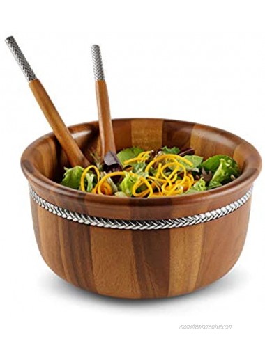 Nambe Braid Round Wooden Salad Bowl 11 in x 5.5 in with Servers 11 in Made with Acacia Wood and Chrome Plating