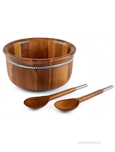 Nambe Braid Round Wooden Salad Bowl 11 in x 5.5 in with Servers 11 in Made with Acacia Wood and Chrome Plating