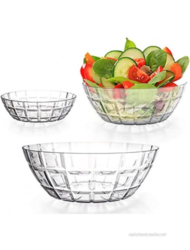 Okllen Set of 3 Plastic Salad Bowls 14 Oz 51.5 Oz 115 Oz Crystal Clear Mixing and Serving Bowls for Popcorn Chip and Dip Grid Texture Break Resistant