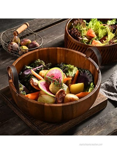 Shanik’s Acacia Wooden Salad Bowl Perfect for Serving Salads Snacks or Fruits 12 inches Diameters Made from a Single Piece of Acacia Wood with Two Beautiful Leather Handles
