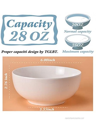 TGLBT Ceramic Soup Bowls,28 Ounce Cereal Bowls Set,Porcelain Bowls For Kitchen White Rice Pasta Salad Oatmeal,Set of 3
