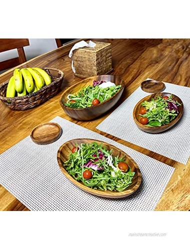 Wrightmart Salad Bowl Oval Server Set of 3 Handmade from Solid Acacia Hardwood Includes 1 Large 12 x 8 and 2 Medium 9.5 x 6 Individual Serving Bowls Standout Kitchen and Dining Room Serveware
