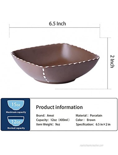Amoi White Rimmed Brown Cereal Bowl Set of 4 6.5 Inch Microwavable Soup Bowls for Oatmeal Serving Salad Dinner etc 23.5 Oz