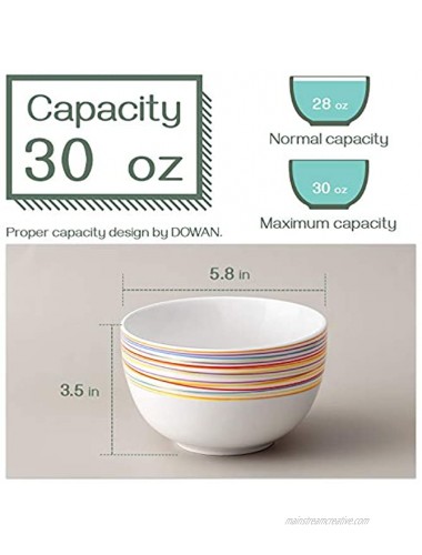 DOWAN Deep Cereal Bowls 30 oz Deep Soup Bowls for Eating Ceramic Serving Bowls for Oatmeal Microwave Safe Set of 4 White with Rainbow Stripes