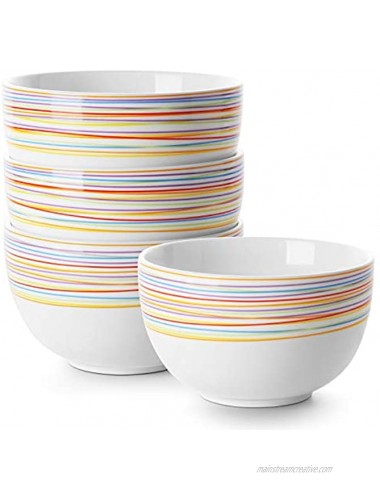 DOWAN Deep Cereal Bowls 30 oz Deep Soup Bowls for Eating Ceramic Serving Bowls for Oatmeal Microwave Safe Set of 4 White with Rainbow Stripes